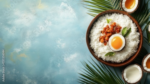 Traditional Sri Lankan breakfast: kiribath (milk rice) with lunu miris and coconut sambol. Top view with space for copy. photo