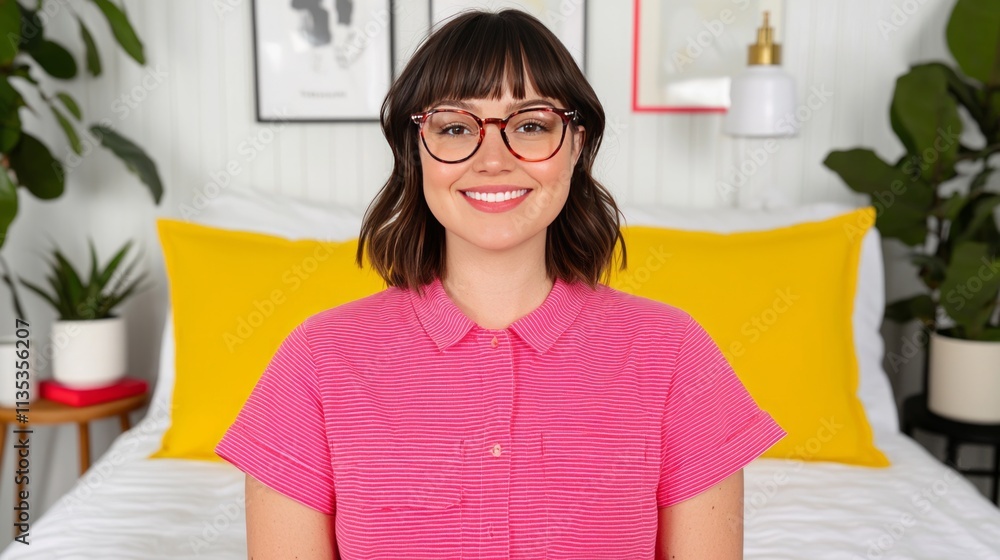 Portrait of a Smiling Woman in a Pink Shirt and Glasses Portrait of a Smiling Woman in a Pink Shirt and Glasses