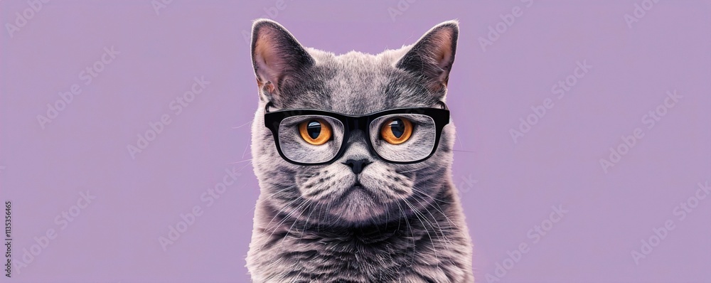 Obraz premium : A regal-looking British Shorthair cat with rectangular, black glasses, sitting composedly against a solid lavender background. The glasses give the cat a serious and sophisticated appearance.