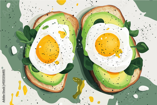 Avocado Toast with Fried Egg: A mouthwatering illustration of avocado toast topped with fried eggs, perfect for social media, blogs, and food-related content.  