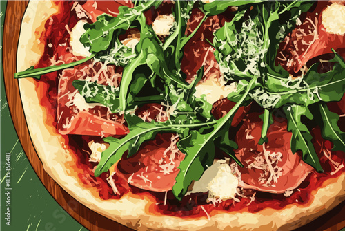 Pizza Perfection: A close-up shot of a mouthwatering pizza topped with fresh arugula, mozzarella cheese, and savory meats, creating a visual feast for the senses. 