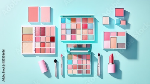 Vibrant flat lay makeup palettes and brushes on pastel blue and pink background. Colorful eyeshadows, lipsticks, blushes create bright playful composition, perfect for expressing creativity beauty. photo