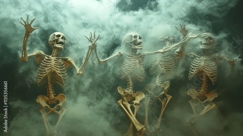 A group of animated skeletons joyfully dancing amidst a swirling mystical fog. The eerie atmosphere and dynamic poses create a striking, Halloween-themed visual.. AI Generation