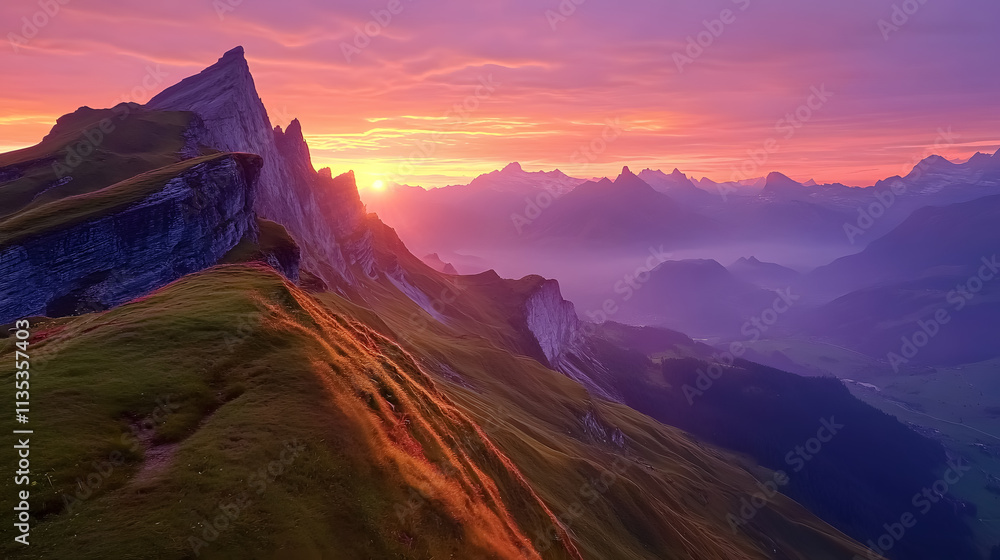 Naklejka premium Autumn mountains at sunrise in Switzerland.
