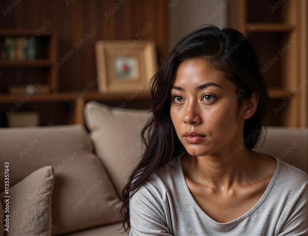 A woman is sitting on a couch with her head down A woman is sitting on a couch with her head down
