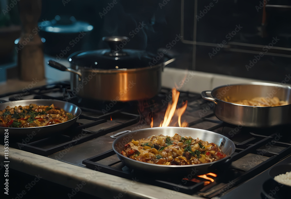 Culinary Flames: Three pans sizzle on a professional stovetop, flames dancing beneath, creating a dramatic and appetizing scene of culinary action. The pots and pans are gleaming. Culinary Flames: Three pans sizzle on a professional stovetop, flames dancing beneath, creating a dramatic and appetizing scene of culinary action. The pots and pans are gleaming.