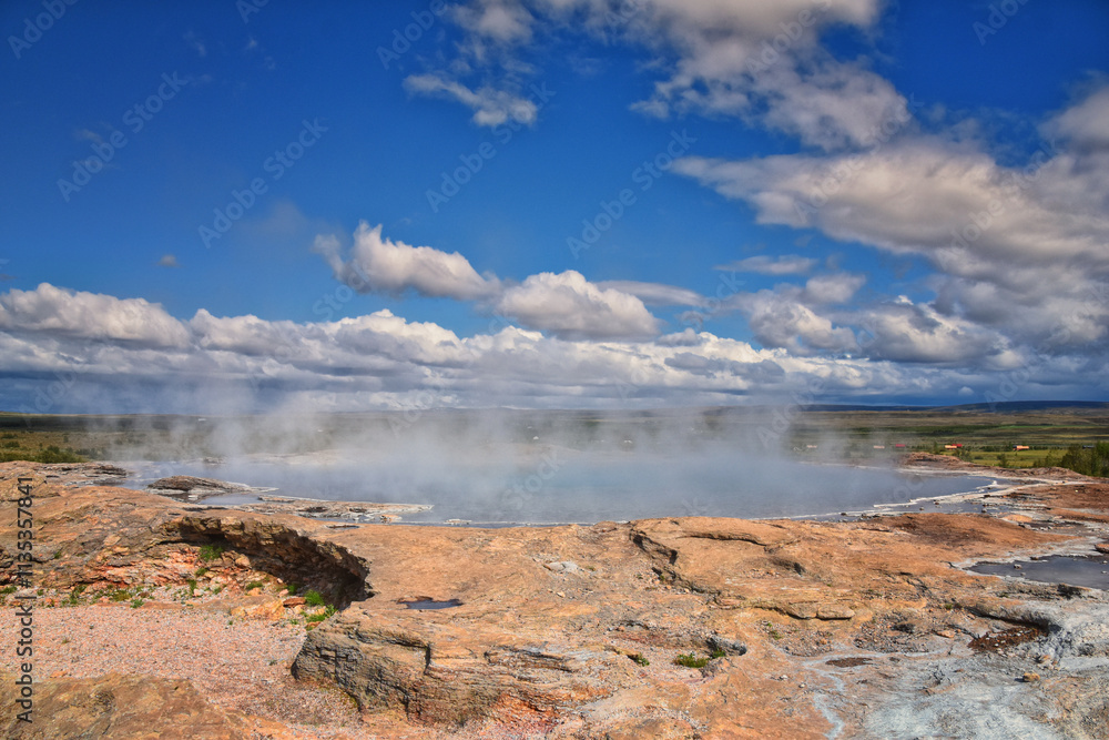 The Great Geysir and Strokkur geyser Golden Circle south-western Iceland, Haukadalur valley Laugarfjall lava dome, Europe.