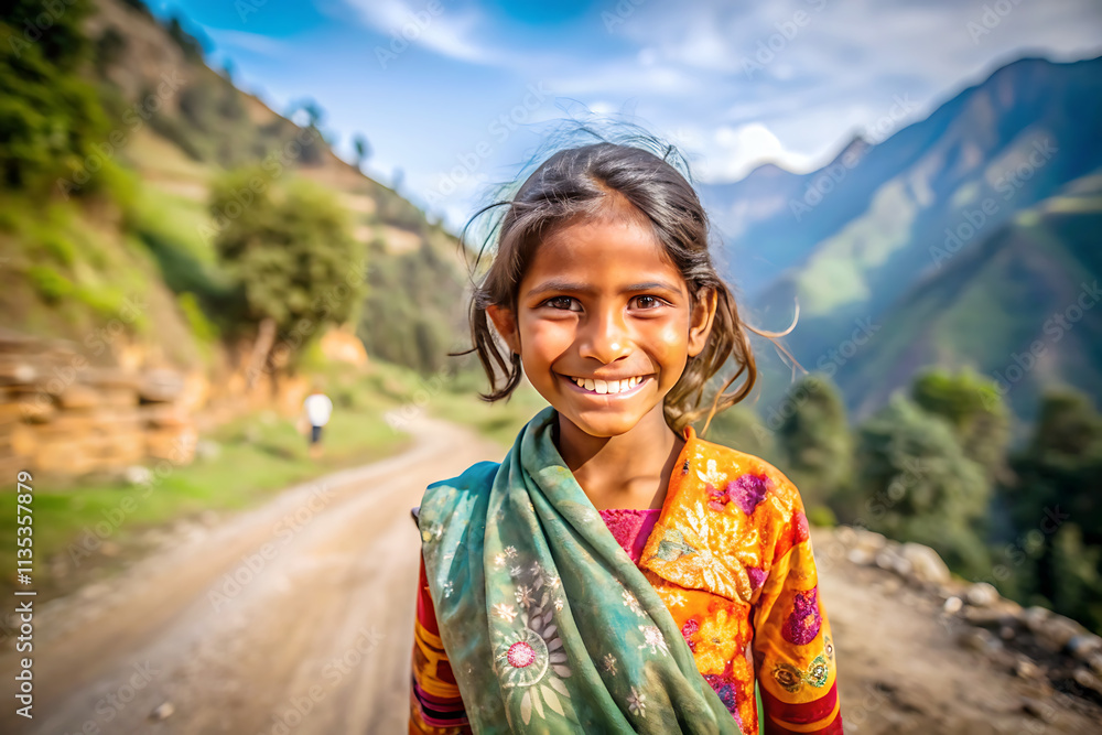 Young indian girl smiling, stands on a dirt road in a mountain. Young indian girl smiling, stands on a dirt road in a mountain.