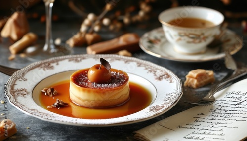 Elegant Caramel Tart with Apple Garnish and Tea Setting