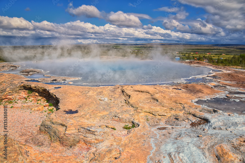 The Great Geysir and Strokkur geyser Golden Circle south-western Iceland, Haukadalur valley Laugarfjall lava dome, Europe.
The Great Geysir and Strokkur geyser Golden Circle south-western Iceland, Haukadalur valley Laugarfjall lava dome, Europe.