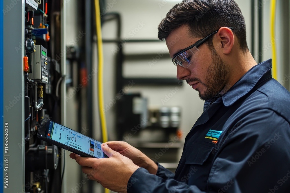 Technician uses device to inspect industrial equipment. Technician uses device to inspect industrial equipment.