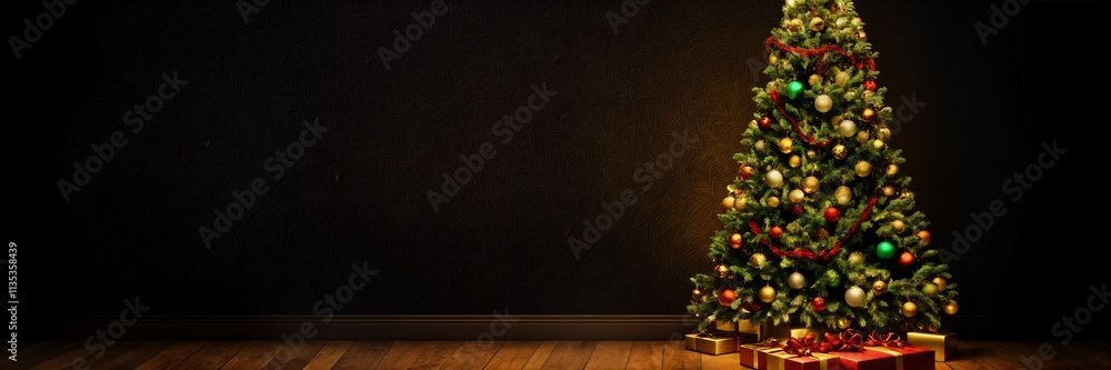 Fototapeta premium Classic Merry Christmas and Happy New Year Banner - Timeless Holiday Design Featuring Evergreen Trees, Snowflakes, and Festive Cheer in Elegant Colors