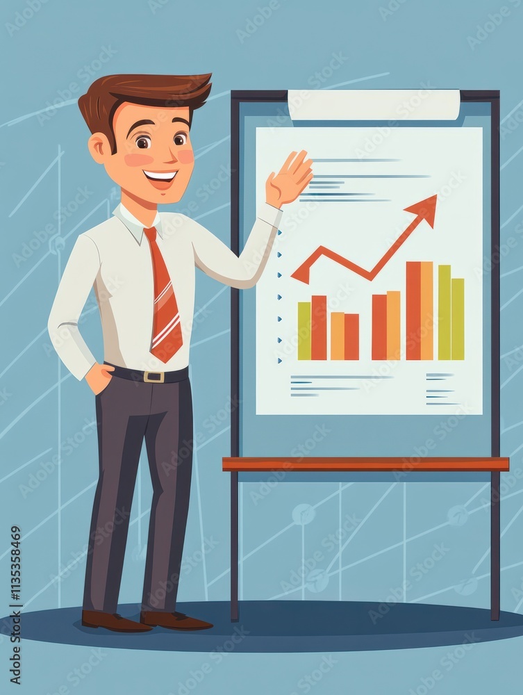 A finance officer with his presentation that shows in a graph the arrow from top going down. A contemporary style with pastel palette soft blue tinted background. Vector flat design illustration A finance officer with his presentation that shows in a graph the arrow from top going down. A contemporary style with pastel palette soft blue tinted background. Vector flat design illustration