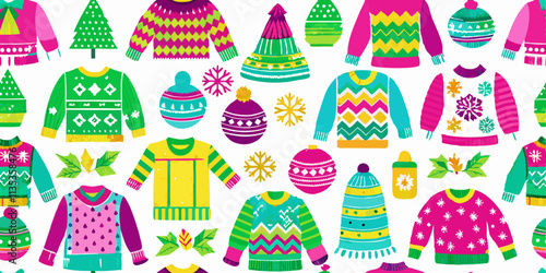 A repeating pattern of brightly colored Christmas sweaters, hats, ornaments, and Christmas trees