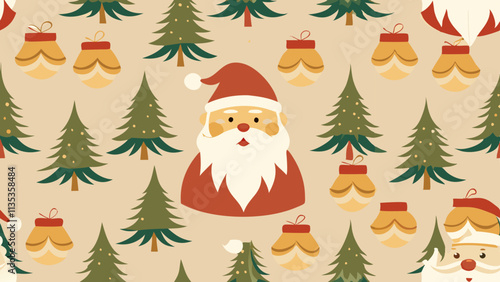 A repeating pattern featuring Santa Claus and Christmas trees.  Santa is depicted as a simple, cartoonish figure with a red suit, white beard, and a red hat