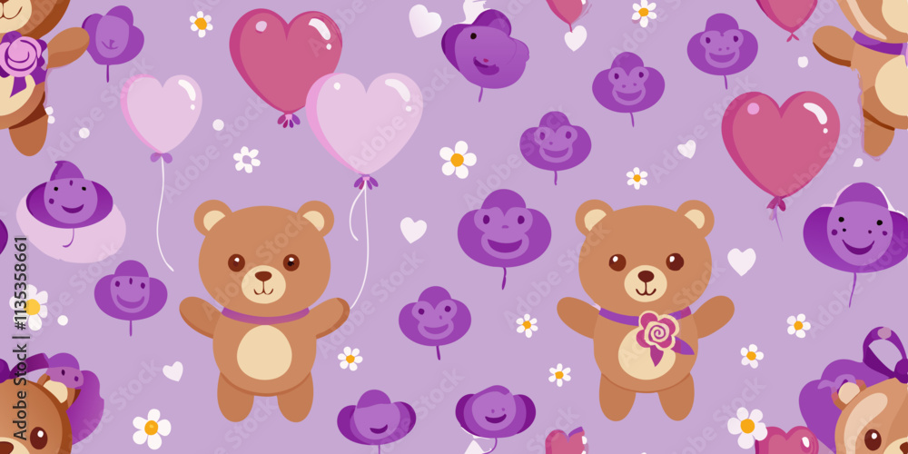 A seamless pattern featuring small, cartoon teddy bears. The bears are light brown with simple features, large eyes, and a friendly expression A seamless pattern featuring small, cartoon teddy bears. The bears are light brown with simple features, large eyes, and a friendly expression