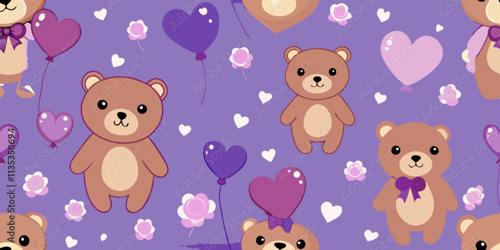 Fototapeta premium A seamless repeating pattern featuring small, cute teddy bears. The bears are light brown, with large, round eyes, small noses, and smiling mouths
