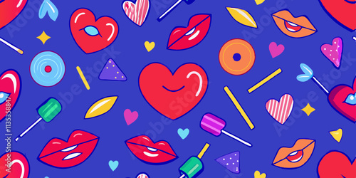 A vibrant, repeating pattern of cartoon hearts, lips, and candy treats on a deep indigo background