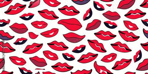 Abstract pattern of stylized lips,  red and dark-red lips on a white background, repeating pattern, pop art style, cartoonish