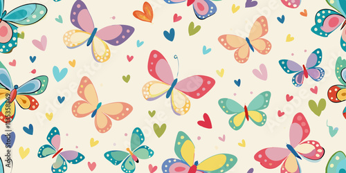 A seamless pattern featuring colorful butterflies and hearts.  Many different butterflies are displayed in various pastel colors, including shades of pink, purple