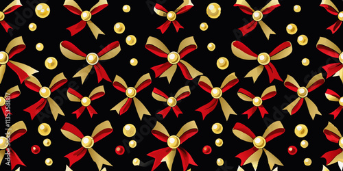 A seamless pattern of red and gold bows with golden pearls.  Numerous bows of varying sizes are scattered across a black background