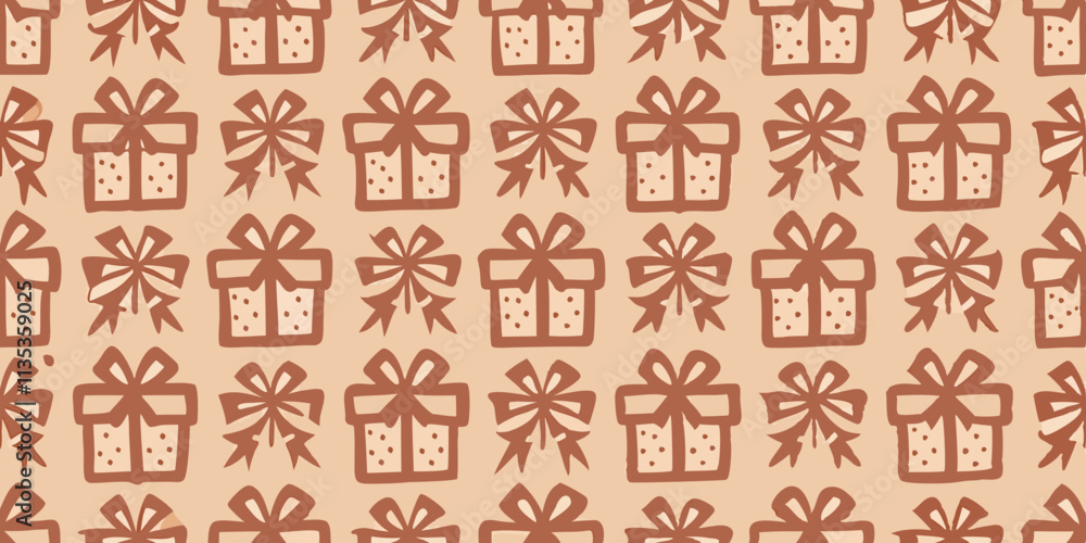 A repeating pattern of simple, stylized gift boxes. Each gift box is a light terracotta/peach color outline against a beige or light brown background A repeating pattern of simple, stylized gift boxes. Each gift box is a light terracotta/peach color outline against a beige or light brown background