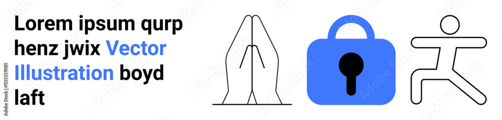 Hands in praying position, blue lock, and running figure representing spirituality, security, and activity. Ideal for spirituality content, security protocols, wellness programs, motivation Hands in praying position, blue lock, and running figure representing spirituality, security, and activity. Ideal for spirituality content, security protocols, wellness programs, motivation