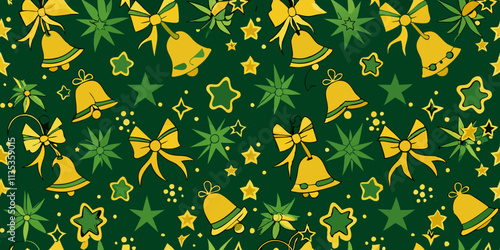 A repeating pattern on a dark green background.  The pattern features small, yellow-gold bells, bows, and green star shapes. The bells and bows are outlined in a slightly darker yellow