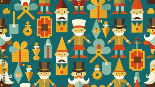 A repeating pattern of stylized gnome-like figures and objects.  The gnomes are depicted in various poses, with flat, geometric shapes for clothing, hats, and accessories