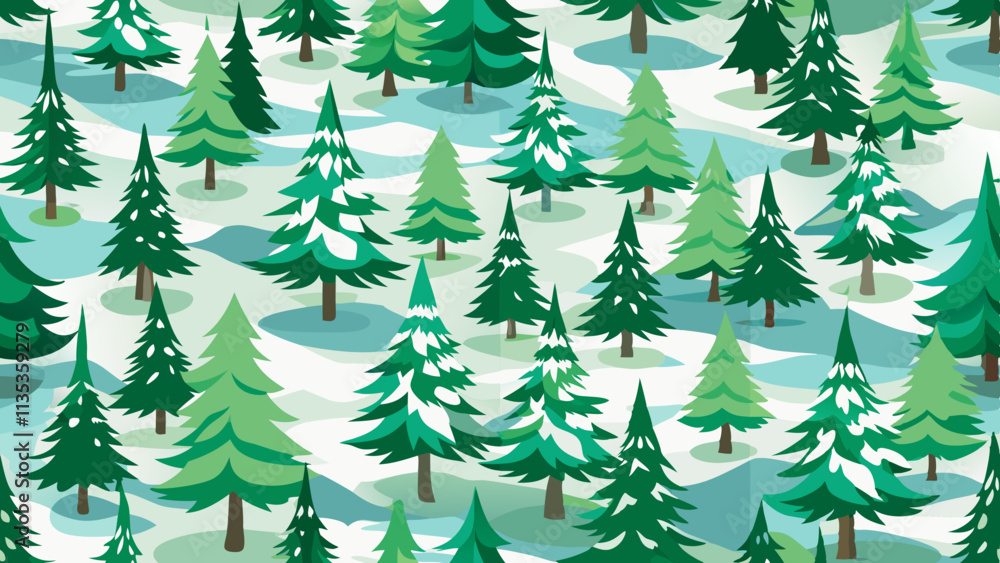 Fototapeta premium A repeating pattern of stylized evergreen trees. The trees vary slightly in shade of green but are mostly vibrant