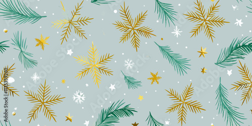 A seamless pattern featuring gold and teal sprigs, snowflakes, and stars against a light gray background