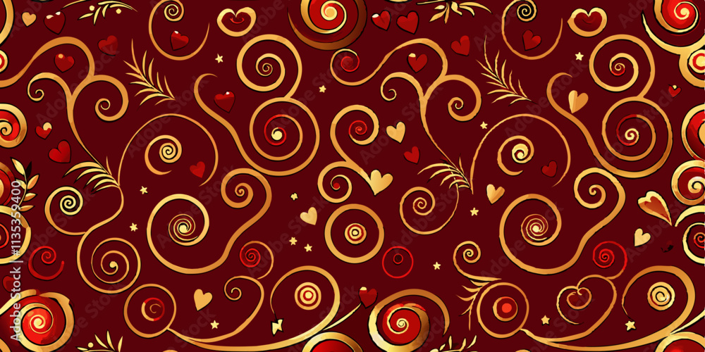 A repeating pattern of gold swirls and flourishes on a deep burgundy background. The swirls are intricate and interconnected, creating a sense of flowing movement A repeating pattern of gold swirls and flourishes on a deep burgundy background. The swirls are intricate and interconnected, creating a sense of flowing movement