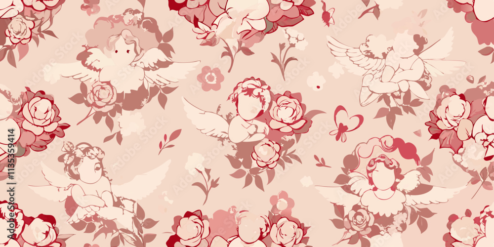 Fototapeta premium A repeating pattern of cherubic figures and roses. Pale peach background with variations of dusty rose, light red, and blush pink