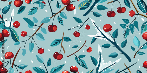 A seamless pattern of cherry branches with ripe cherries and leaves. The branches are adorned with stylized, slightly textured leaves in teal and deep green shades