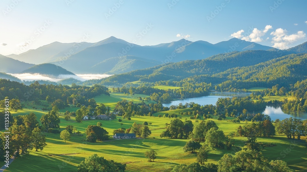 Scenic landscape featuring mountains, a lake, and lush greenery. Scenic landscape featuring mountains, a lake, and lush greenery.