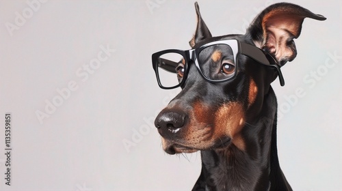 : A sleek Doberman wearing sleek, black rectangular glasses, standing confidently against a solid white background. The glasses give the dog a powerful, commanding presence.
