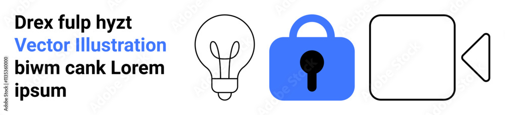 Light bulb icon, blue padlock with keyhole, video camera icon, and sample placeholder text. Ideal for technology, creativity, security, multimedia, education, information, and communication themes Light bulb icon, blue padlock with keyhole, video camera icon, and sample placeholder text. Ideal for technology, creativity, security, multimedia, education, information, and communication themes