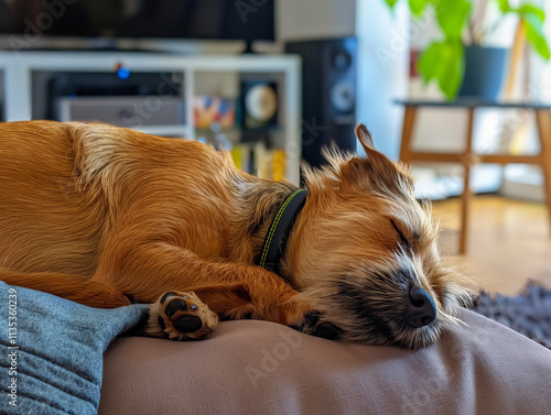 A sleepy brown dog resting on a couch, relaxing at home, looking cozy and peaceful. photo