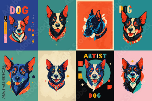 Set of modern poster cover design. Bright dogs illustration. Watercolor vector abstract banners with the inscriptions "dog" and "artist". Cards for design, decoration, business, congratulations.
