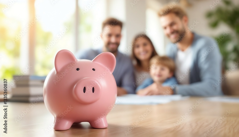 A pink piggy bank sits prominently on a table with a happy family in the background, symbolizing saving money and financial security.
A pink piggy bank sits prominently on a table with a happy family in the background, symbolizing saving money and financial security.