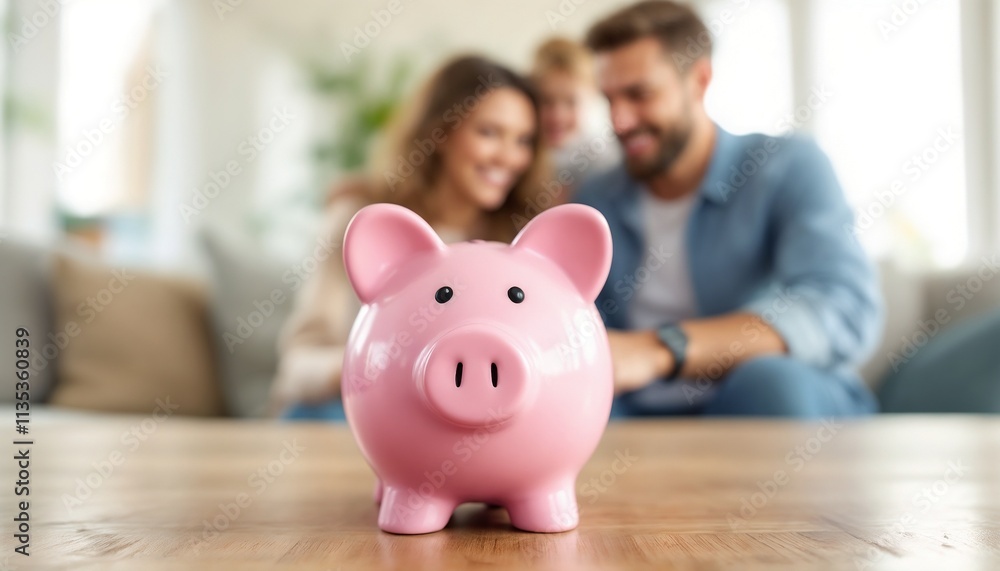 A pink piggy bank sits prominently on a table with a happy family in the background, symbolizing saving money and financial security.
A pink piggy bank sits prominently on a table with a happy family in the background, symbolizing saving money and financial security.