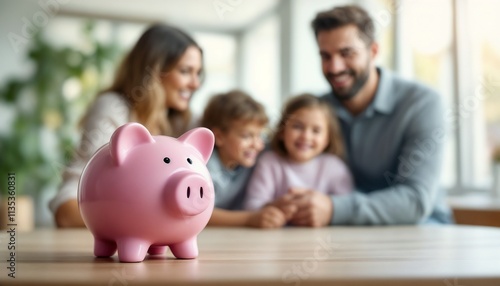 Wallpaper Mural A pink piggy bank sits prominently on a table with a happy family in the background, symbolizing saving money and financial security.

 Torontodigital.ca