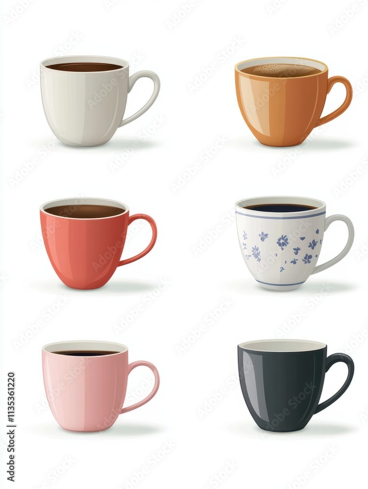 Obraz premium Different cups. Tea cup, scandinavian kitchen coffee mug. Morning english crockery, beauty accessories for home breakfast exact vector set