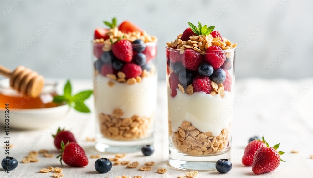 Two parfaits beautifully presented in glass jars with layers of granola, creamy yogurt, juicy berries, and mint. A healthy and refreshing treat perfect for breakfast or a light snack.
Two parfaits beautifully presented in glass jars with layers of granola, creamy yogurt, juicy berries, and mint. A healthy and refreshing treat perfect for breakfast or a light snack.