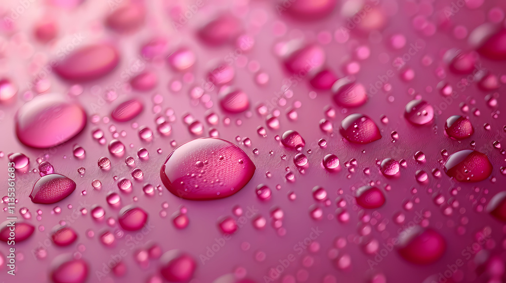 Pink Water Droplets: A captivating close-up reveals a myriad of glistening pink water droplets, varying in size, scattered across a smooth surface, creating an abstract and mesmerizing pattern. Pink Water Droplets: A captivating close-up reveals a myriad of glistening pink water droplets, varying in size, scattered across a smooth surface, creating an abstract and mesmerizing pattern.