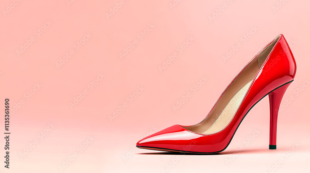 High-heeled red shoe on pink background, space for copy High-heeled red shoe on pink background, space for copy