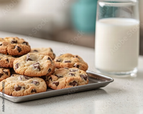 Freshly baked chocolate chip cookies with a glass of milk