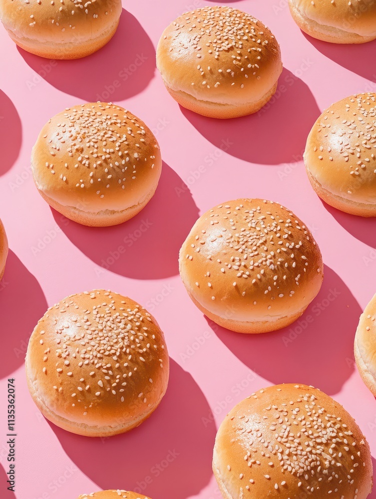 Fresh burger buns with sesame seeds arranged in two rows on rosy background. Preparing fast food or homemade hamburger. Food photography. Unhealthy eating or diet. Round soft brioches. Selective focu Fresh burger buns with sesame seeds arranged in two rows on rosy background. Preparing fast food or homemade hamburger. Food photography. Unhealthy eating or diet. Round soft brioches. Selective focu