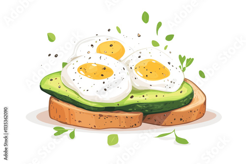 Avocado Toast with Poached Eggs: A vibrant and delicious illustration of a classic breakfast favorite.  The avocado toast is perfectly toasted and topped with two poached eggs.