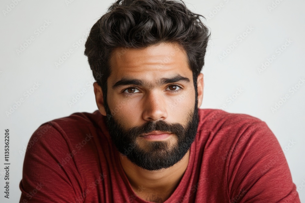 Pensive Hispanic Man with Beard in Casual Tee, Staring Calmly at Camera Against a Simple White Backdrop Pensive Hispanic Man with Beard in Casual Tee, Staring Calmly at Camera Against a Simple White Backdrop